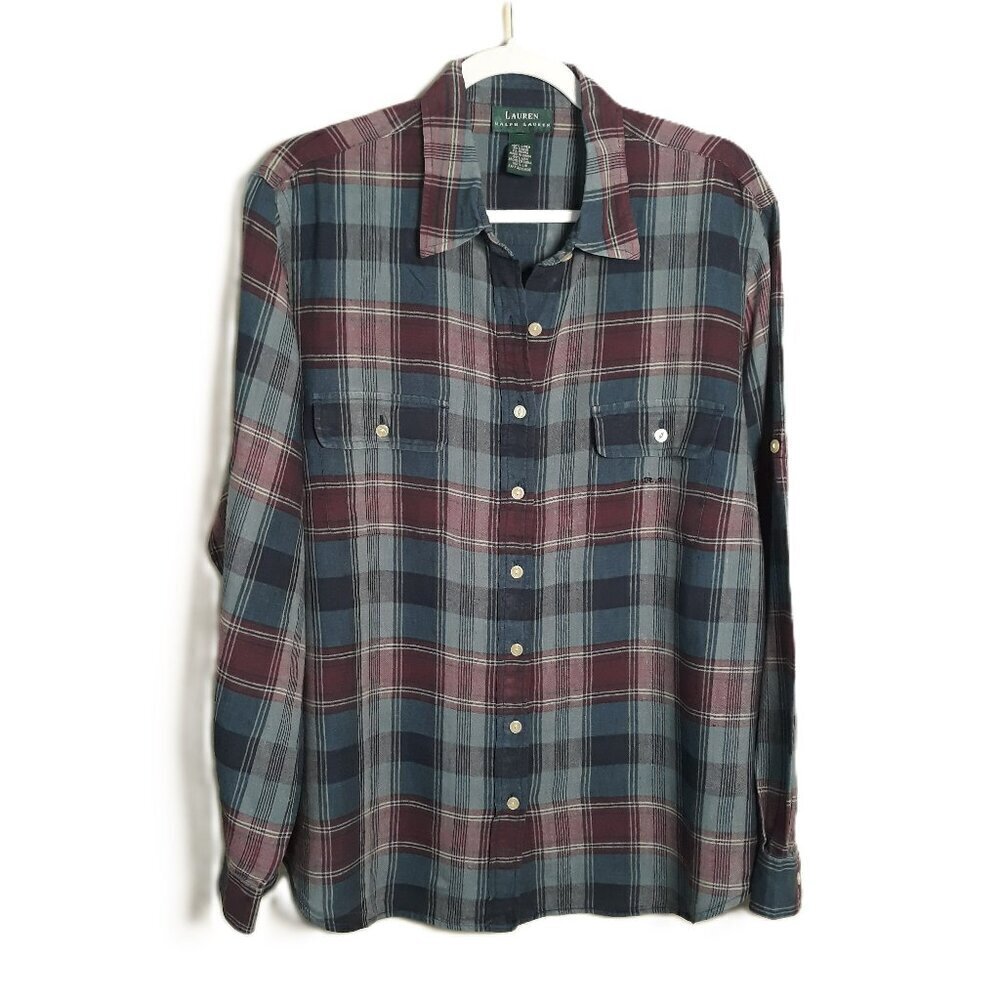 Lauren Ralph Lauren Linen Plaid Button Up Top 1X Preppy